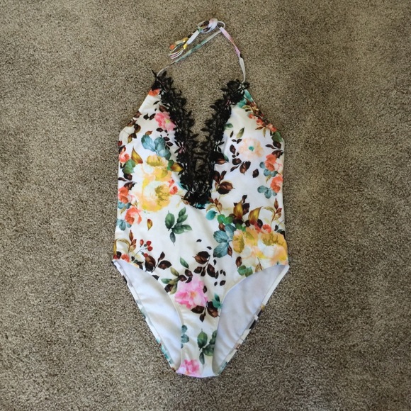 NEW! Deep V Floral One Piece Swimming Suit Size M