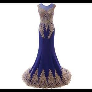 Long blue formal or prom gown