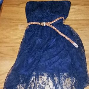 Hi-low navy lace dress with brown belt