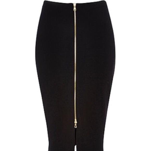 River Island Zip Front Midi Pencil Skirt in Black