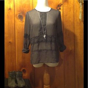 Sheer gray with black lace detail top XS