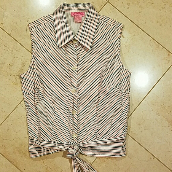 Red and blue striped sleeveless tie front shirt