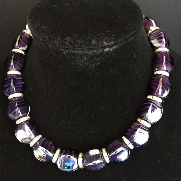Purple Glass Necklace w/ Rhinestone Magnetic Clasp