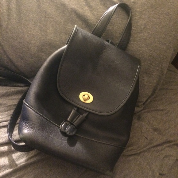 Vintage Coach Black Leather Drawstring Bag