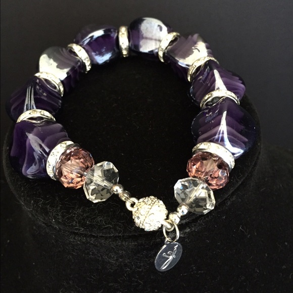 Purple Glass Bracelet w/ Rhinestone Magnetic Clasp