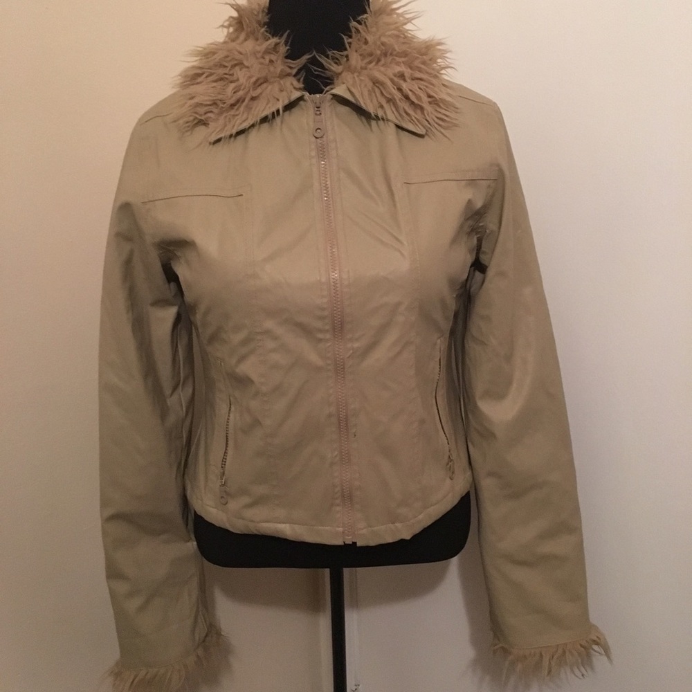 Couture Look Taupe Cropped Faux Fur Bomber Jacket