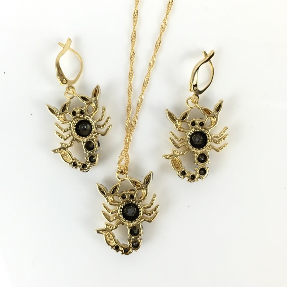 Black Obsidian Scorpion Gold Necklace Earring Set - Picture 2 of 3