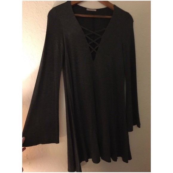 ❌SOLD❌ BOGO Gray lace up dress with bell sleeves - Picture 2 of 4