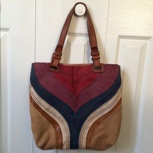Fossil leather and canvas tote bag. 16x16x5