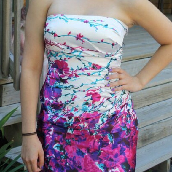 strapless floral print prom dress