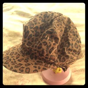 Leather leopard print hat.