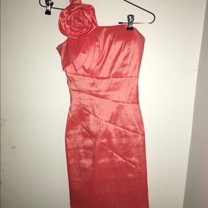 Coral, tight-fitting dress.