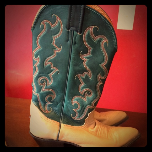 Vintage green and tan cowboy boots.
