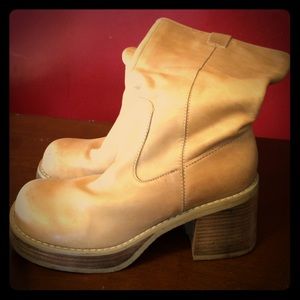Tall cream boots, chunky heel.  Great shape.