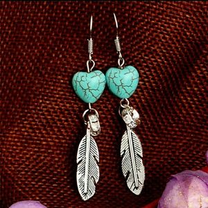 Turquoise heart and feather dangle earrings