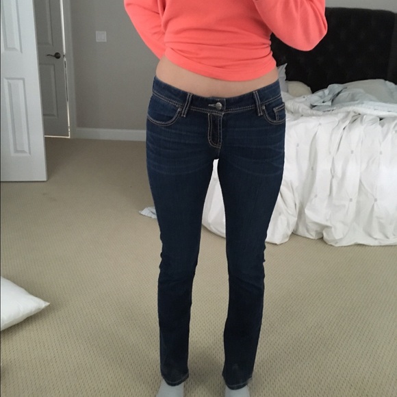 Navy Skinny Buckle Jeans with white/tan stitching