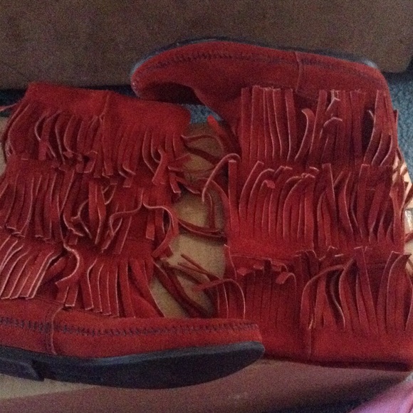 Red suede Minnetonka boots