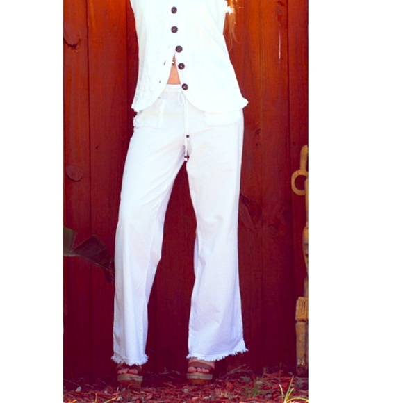 White Cotton Pants wide leg with drawstring waist