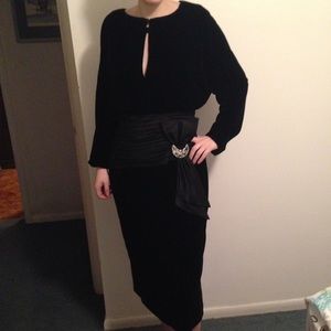 Vintage Black Velvet Long Sleeve Gown, Satin Waist
