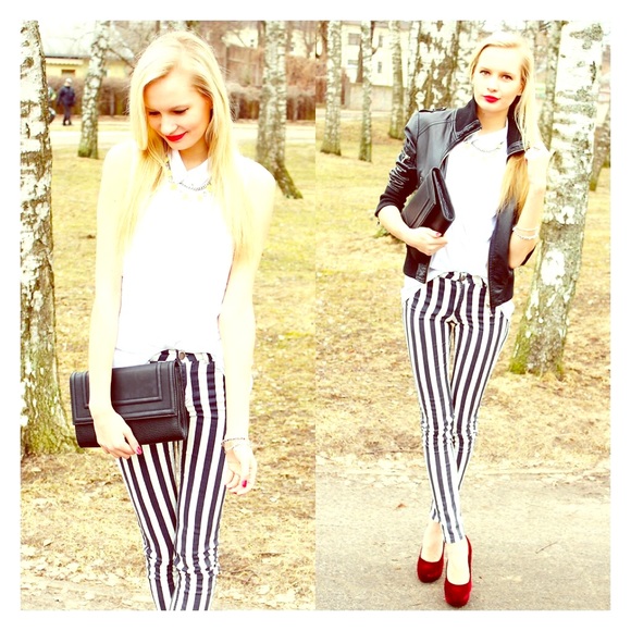 H&M Grey & White Vertical Striped Skinny Jeans