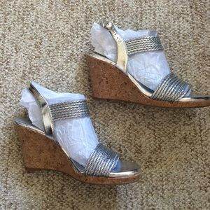 BCBG silver wedges, size 8.5M