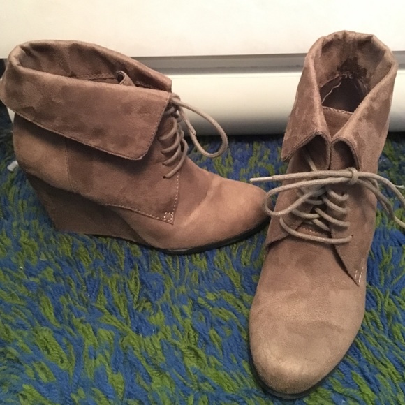 Lace up suede wedge booties