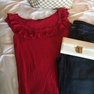 Express Ruffle Tank in Dark Pink. Large.