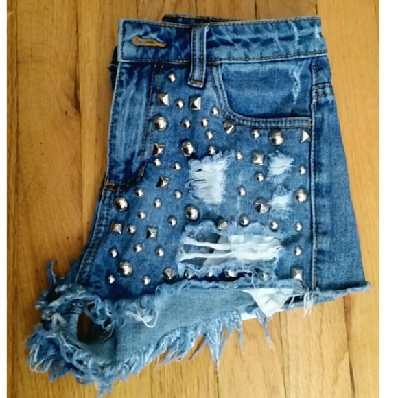 Studded, Distressed, High Waisted Shorts