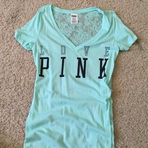Baby blue love pink V-neck shirt