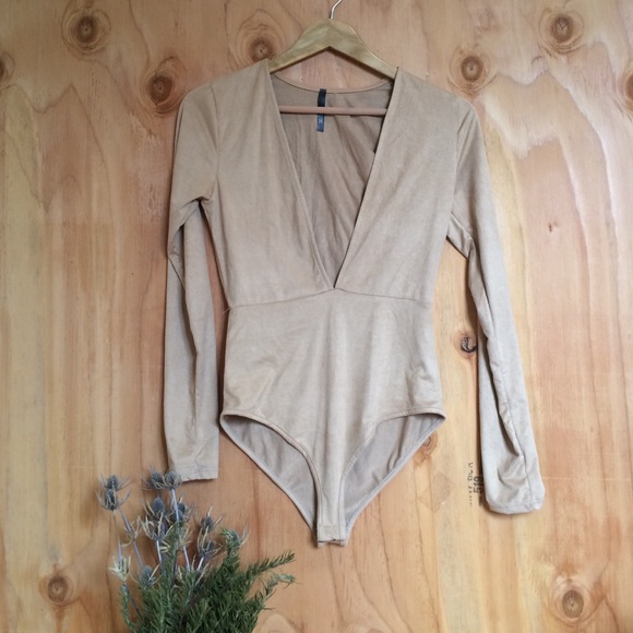 Deep V Tan Suede Like Bodysuit Coachella Top - Picture 2 of 4