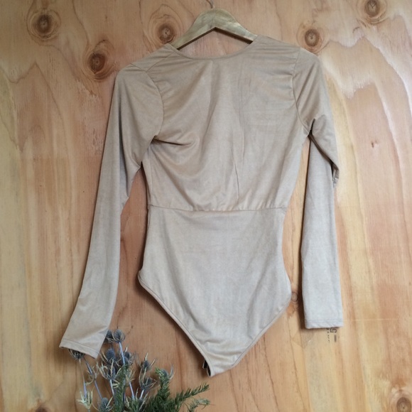 Deep V Tan Suede Like Bodysuit Coachella Top - Picture 4 of 4