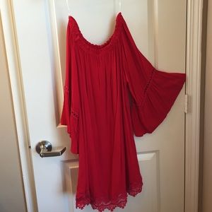Red off shoulder dress