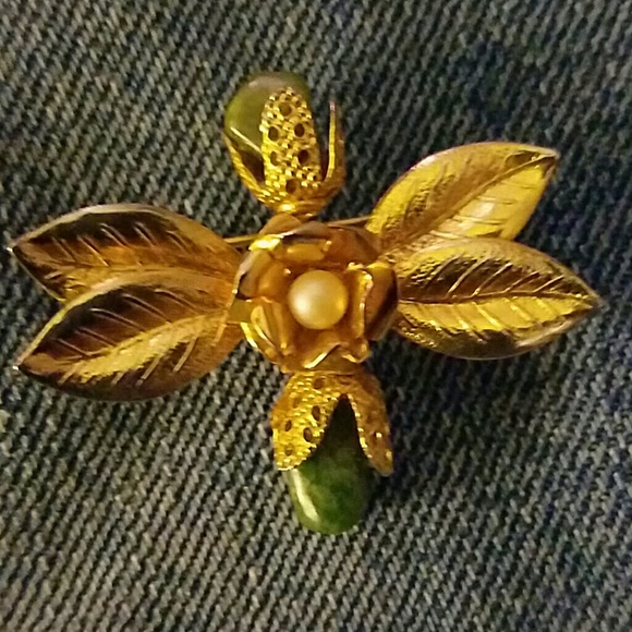 Jewelry - Vintage Gold-toned, Pearl, and Green Stone Brooch
