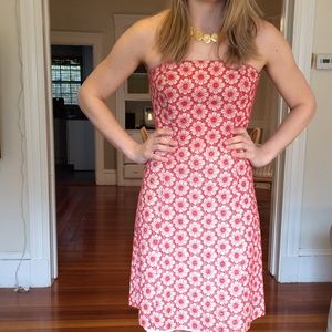 Red lace strapless sundress