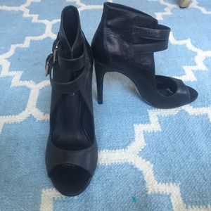 Aldo black leather buckle open toe heels