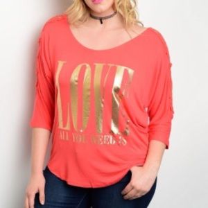 'LOVE IS ALL YOU NEED' metallic graphic shirt.
