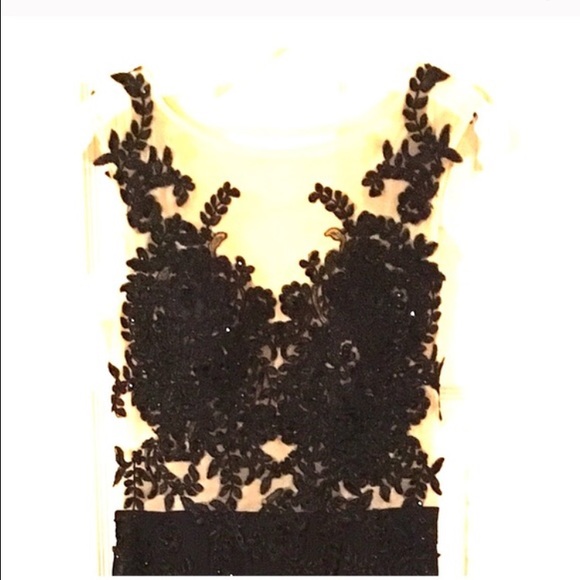 Black and nude lace prom dress