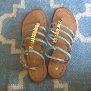 Mint green/blue flat ankle strap sandals