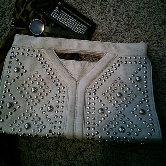 Gold studded faux leather clutch bag