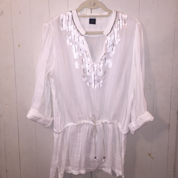 Tops - Sheer White Top w/ Shimmer Circle Details & Cinch