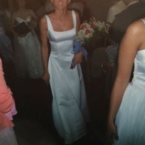 White satin ball gown with beaded detailing