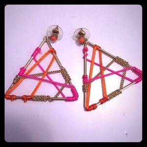 Pink orange and gold triangle earrings