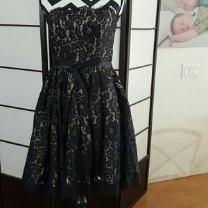 Black lace over taupe cocktail  strapless dress
