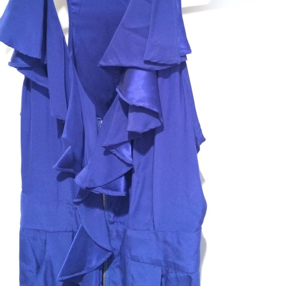 Cinched blue silk dress with ruffle and pockets - Picture 4 of 4