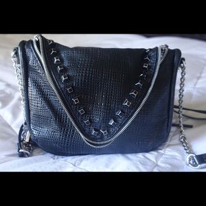 She + Lo embossed black leather zip cross body bag