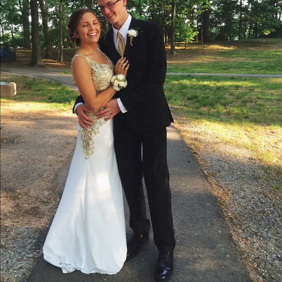 Jovani White and Gold Prom Dress