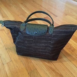 Longchamp Croco Le Pliage Large Olive Bag