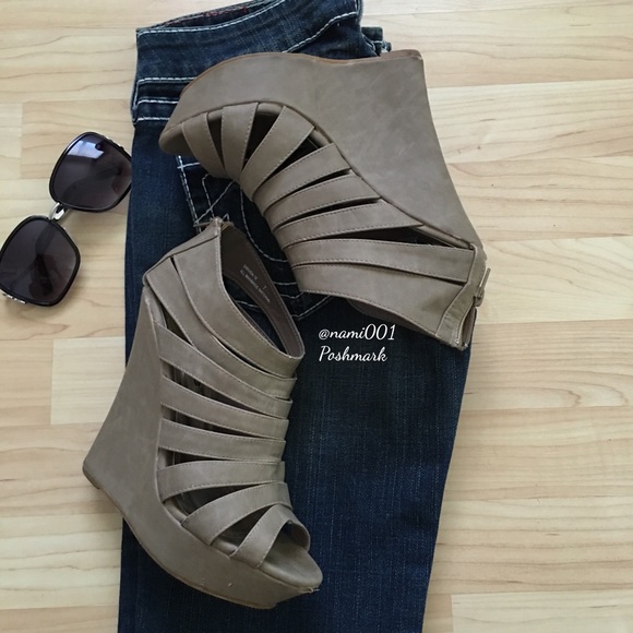 Dollhouse Shoes - Dollhouse Strappy Wedges Heels Beige Zip Back