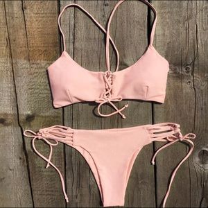Spaghetti Strap Lace-Up Pink Bikini Set
