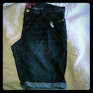 Dark Wash, Distressed Bermuda Jean Shorts
